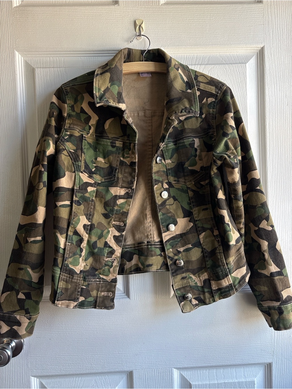 Venus Camouflage Denim Utility Jacket Small Green Camo Trucker Jean Coat